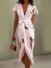 Women's V Neck Short Sleeve Midi Dress Fitted Mid Waist Elegant Wrap Dress Satin Leaf Print Tie Waist For Summer Office Party Daily Wear