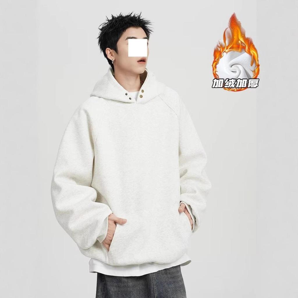 Heavy Button Hooded Sweater Men's Spring and Autumn Velvet Trendy Brand Loose Casual Solid Color Versatile American Hoodie Jacket