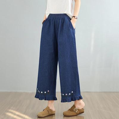 Plus Size Thin Vintage Embroidery Floral High Waist Casual Loose Women Summer Jeans Denim Wide Leg Pants