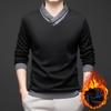Men's Winter V-Neck Sweater with Scarf Collar and Two-Button Knit, Thickened for Warmth.