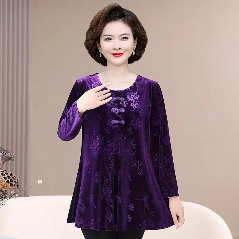 Large Size Gold Velvet Spring and Autumn T-shirt Long-sleeved Middle-aged and Elderly Women's Plus Fat