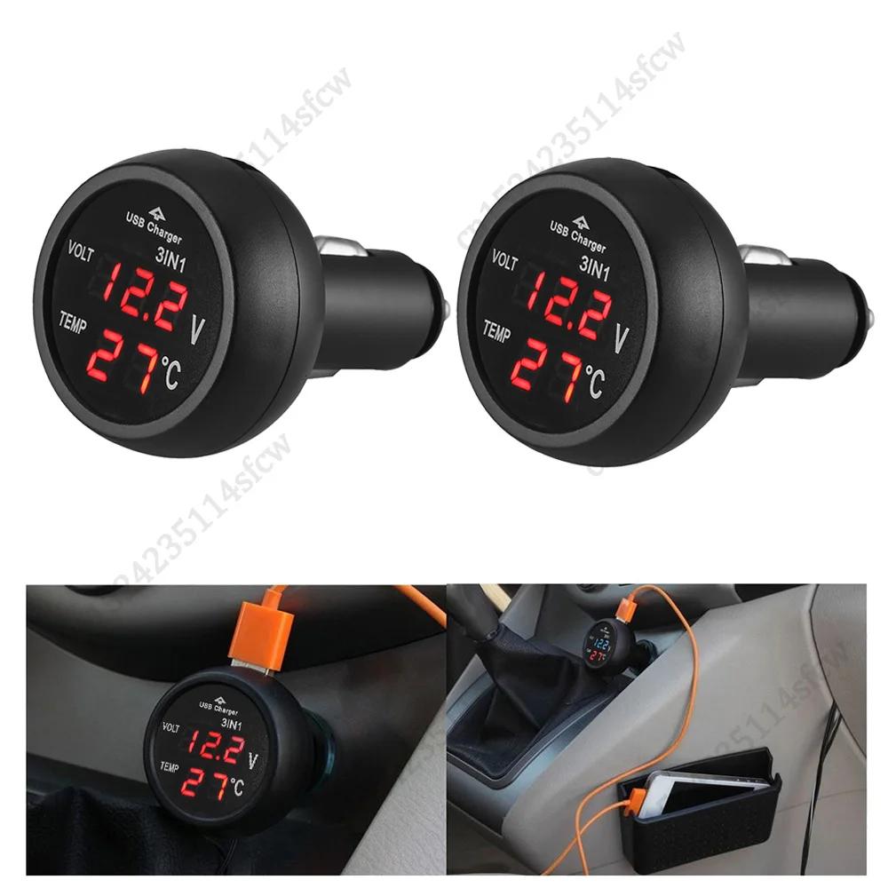 2/1PCS 3-in-1 12V/24V Car Volt Meter LCD Digital Display Car Voltmeter Thermometer Car USB Charger Current Meter Volt Detector