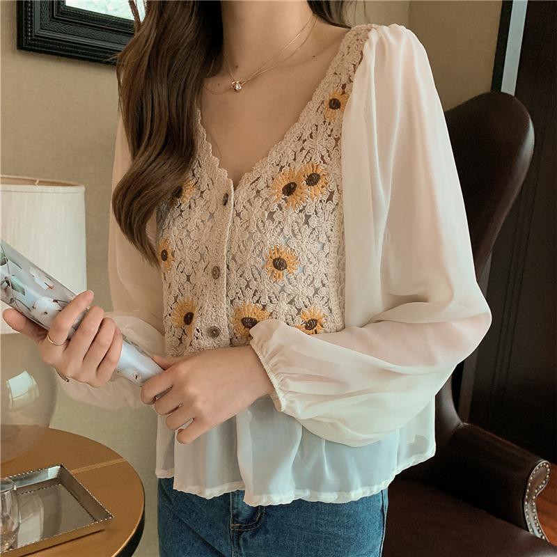Spring Summer Crochet Top Chiffon Flower Embroidery Daisy Long Sleeve Button Front Fake Two-Piece Blouse