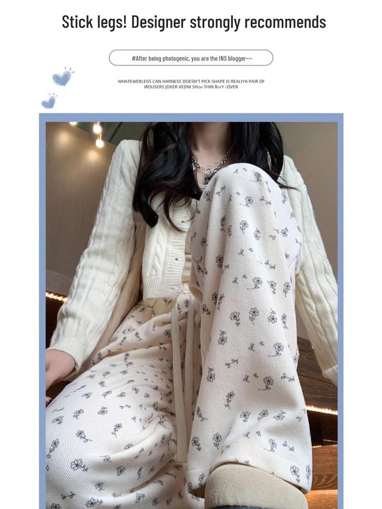 Petite White Floral Wide-Leg Women's Sweatpants: New Loose Casual Straight-Leg Pants for Spring, Summer, Autumn 2025