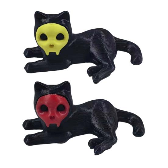 Cat Pen Holder 3D Printed Black Cat Ornament Cat Figurine with Detachable Skull Mask for Home Office Desk Halloween Decoration