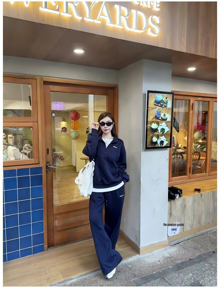 European Style Women's Thickened Stand-up Collar Sweatshirt Set - Fashionable Autumn/Winter Pure Cotton Casual Sportswear Two-Piece