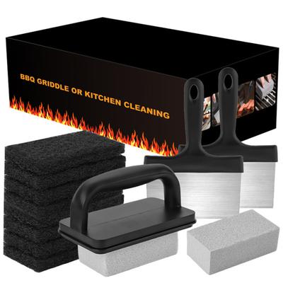 1 Set BBQ Griddle Cleaning Tool Kit with Handle Scraper Scouring Pad Pumice Stone Brush Multifunctional Barbecue Flat Top Grill Cleaner Kit