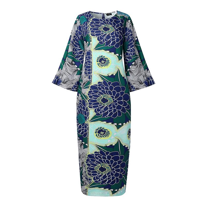 Plus Size Womens Casual Round Neck Long Sleeve Floral Printing Long Oversized Dress