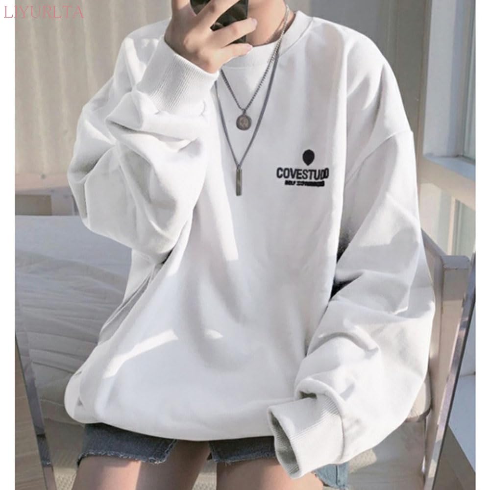 LIYURLTA Oversized Loose Plus Casual Top for and LIY56 Women's Sweatshirt, Fit, Size, Flattering, Lightweight, Spring, Autumn, Winter, (L, White)