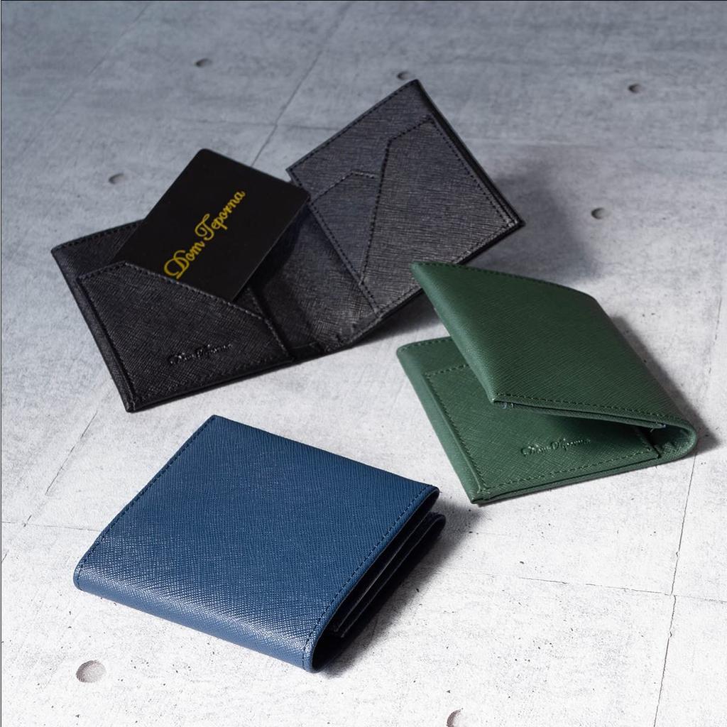 [Dom Teporna] Men's Bi-fold Wallet, No Coin Pocket, Compact, Ultra-thin 10mm, Saffiano Leather, Money Clip, Green