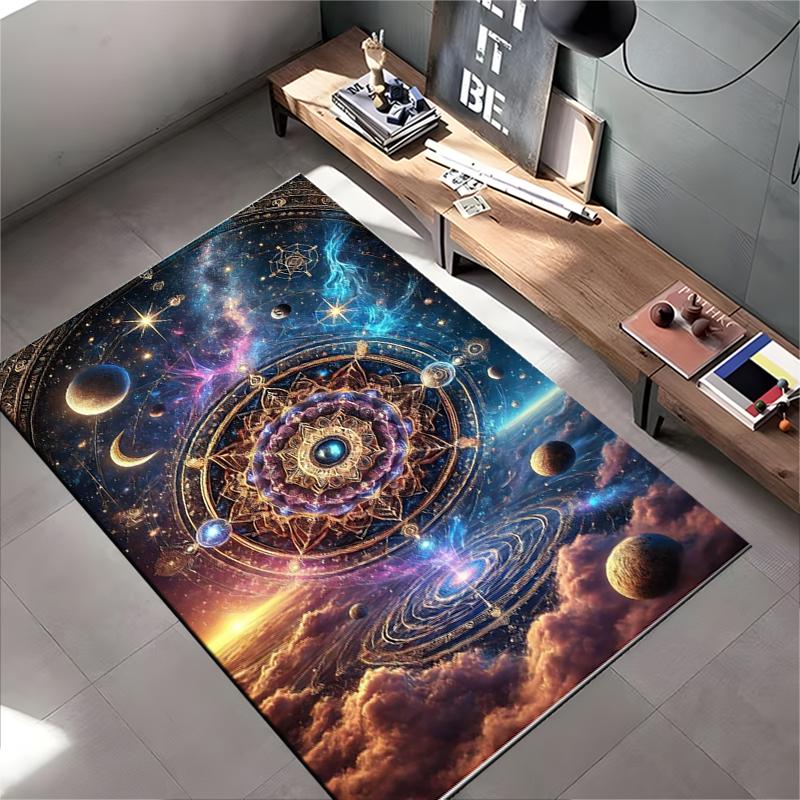 Area Rug, Cosmic Sacred Geometry Mandala Gold Nebula Planets Stars Art Print, Living Room Decor, Non-Slip Mat