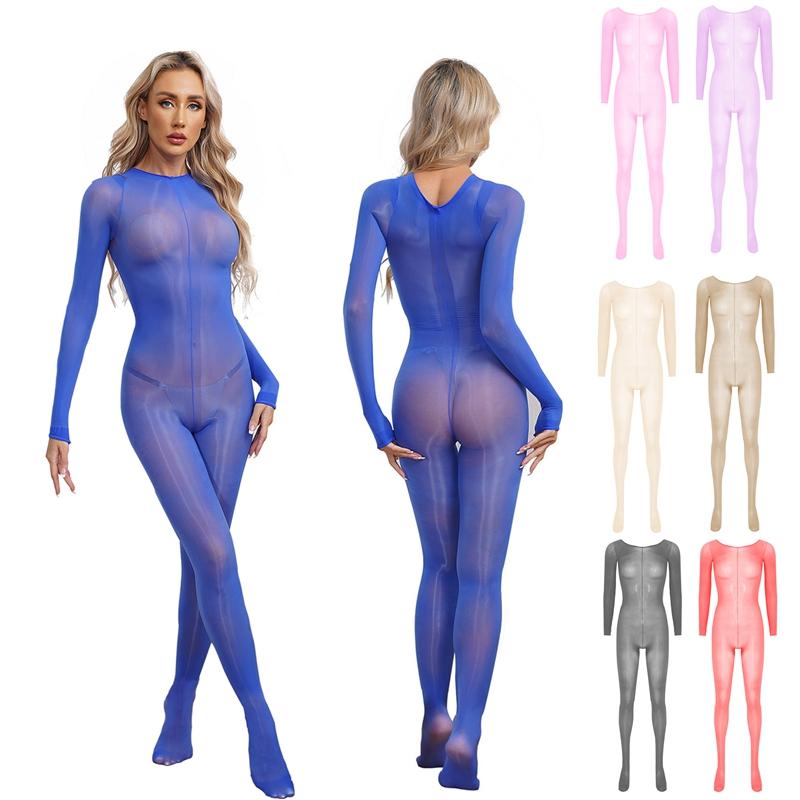Womens Glossy Unitard See-through Stretchy Bodystocking Long Sleeve Bodysuit Valentines Day Nightwear