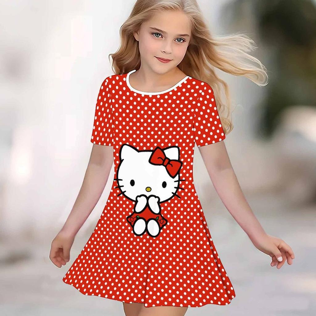 Girls 3D Print Dresses Kids Girl Party Short Sleeve Princess Dress Tank 3D Likable Cartoon Print Dress
