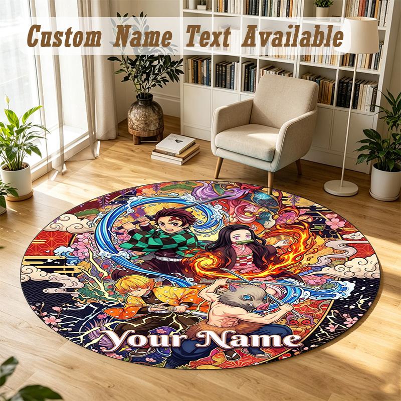 Round Rug Custom NameDemon Slayer Pattern Non Slip Carpet Home Floor Decor