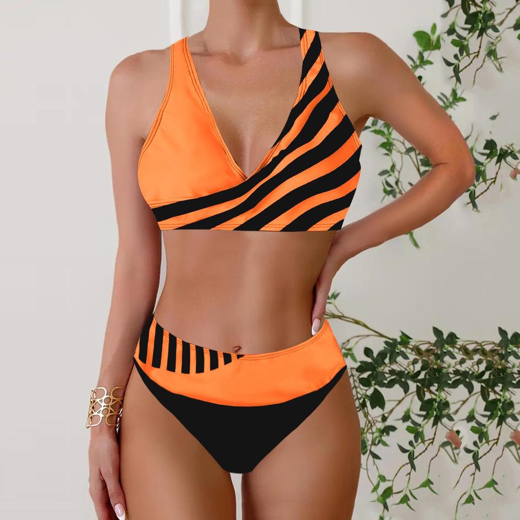 Plus Size Women Fashion Sexy Round Neck Tilted Stripe Bikini Set Slim Fit Beach Swimsuits Two Piece Set