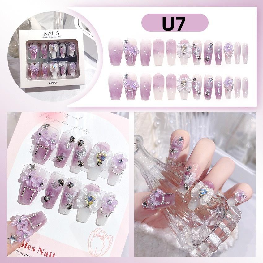 White Blue Color 3D Rabbit Star Rhinestone Designs-Full Cover Acrylic False Nails for Women and Girls Detachable Long Fake Nails