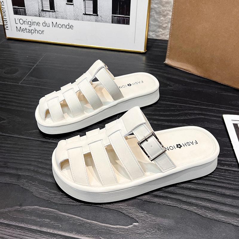 

Woven pig cage baotou half slippers women s summer new flat-bottomed buckle outer wear casual cool slippers 40
