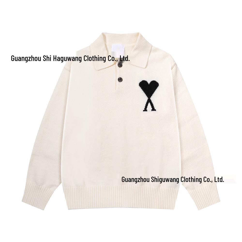 Unisex Black Heart Jacquard Lapel Polo Knit Sweater - Autumn/Winter Collection