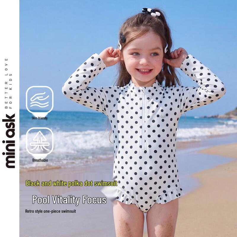 ASK JUNIOR Girls  Polka Dot Long Sleeve One-Piece Swimsuit L
