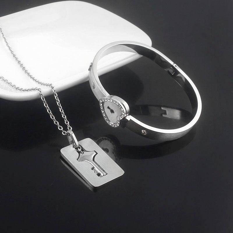 Couple Stainless Steel Bracelet Love Heart Lock Key Pendant Necklace For Women Men Valentine Gift Jewelry