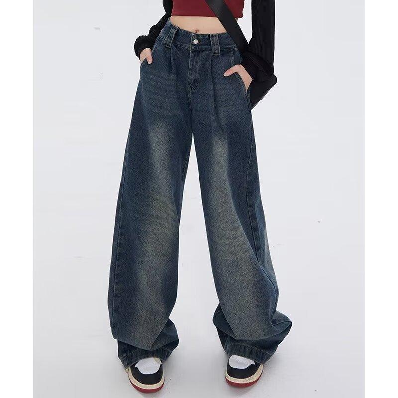 Classic America Hip Hop Rap Jeans Wide Leg Youth Popular Jeans Women Straight Leg Retro Loose Trousers Oversized Denim Pants