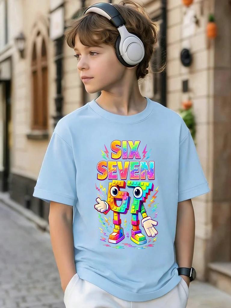 Six Seven 67 Funny Brainrot Italian Short Sleeve Kids Crewneck Tee Boys Girls Summer Cute Hot Street Age 3-14