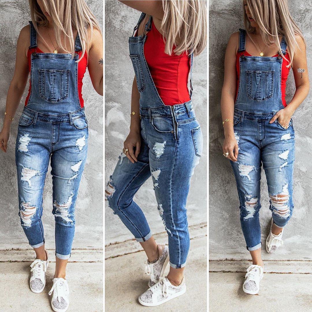 

Top-Selling Vintage Style Ripped Stretch Denim Overalls M