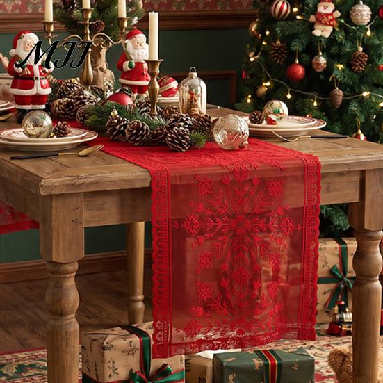 Holiday Table Runner Christmas Lace with Tassels, Sheer Embroidery Snowflake Sleigh Xmas Tablecloth, Cover for Parties Dining Room Decor Entryway