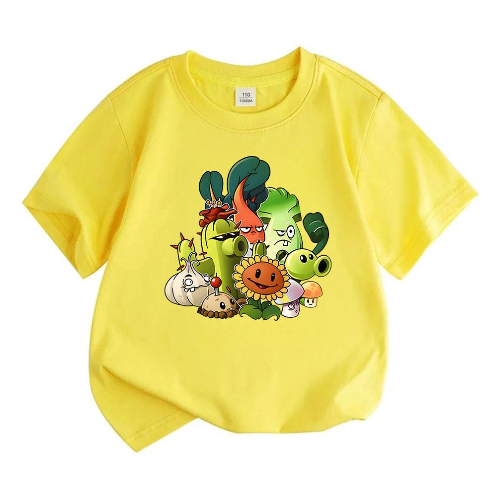 Kids Boys Girls 100% Cotton Crew Neck Short Sleeve T-Shirt Cute Game Plant Character Printed Casual Soft Breathable Tee for Children Daily Wear