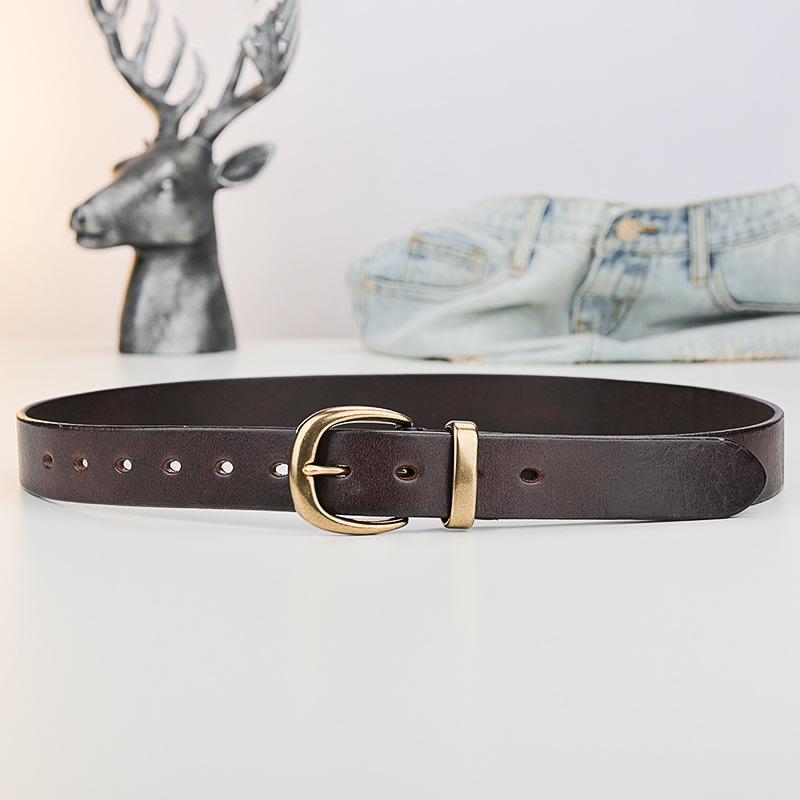 Copper Buckle Belt Women'S Style Retro Pure First Layer Cowhide Simple Korean Jeans Belt Genuine Leather Black