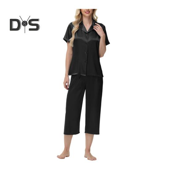 2-teiliges Set aus Seidenpyjama mit Revers und Button-Down-Langarmhemd, elastischer Bund, weites Bein, verkürzte Hose, Homewear, lässiges Outfit, Frühlingsnachtwäsche