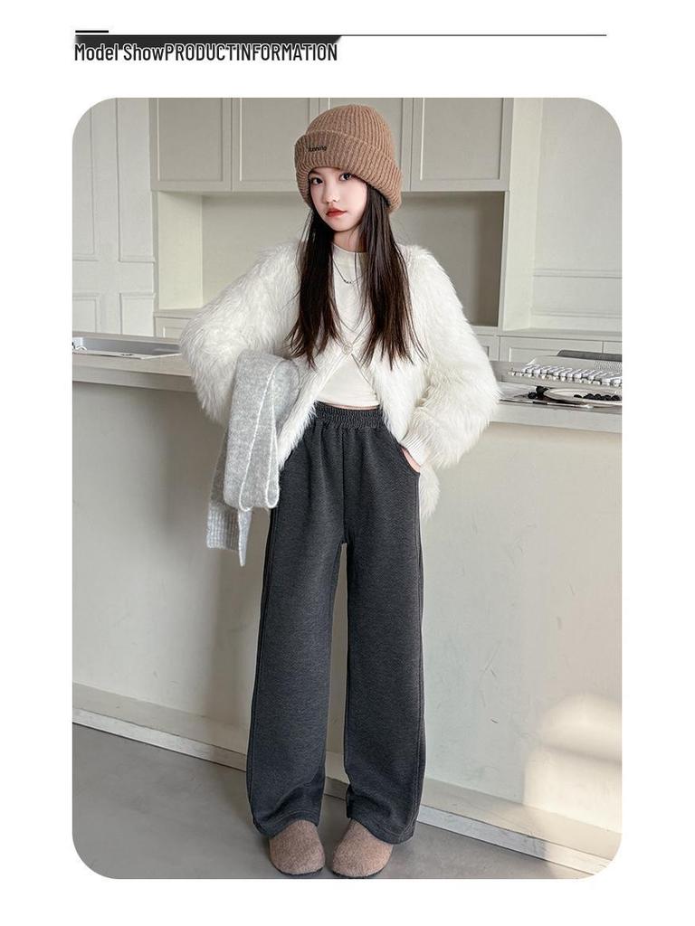 Girls' Velvet Wide-Leg Pants Winter 2025: Trendy Slim Fit, Thick Warmth, Straight-Leg Long Pants for Big Girls