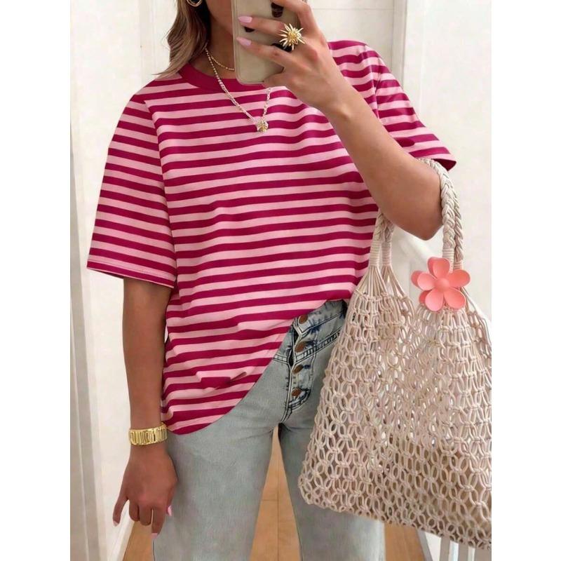 Damska koszulka oversize w paski, drukowana 3D, letnia, casualowa, z okrągłym dekoltem, luźna, modna, z krótkim rękawem, top damski