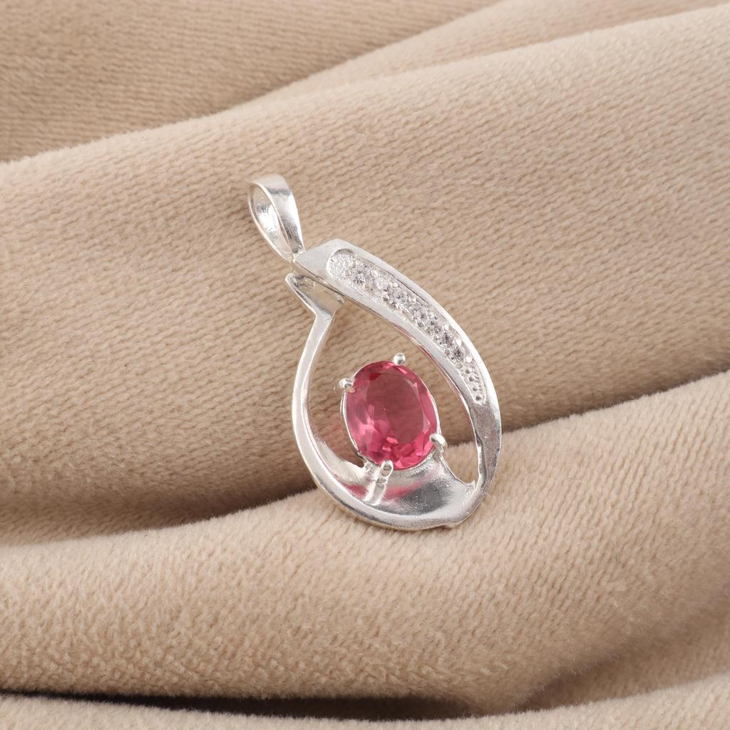 Pink Tourmaline Gemstone 925 Sterling Silver Zircon Jewelry Elegant Chain Pendant 1.4" For Gift CZP-16-4