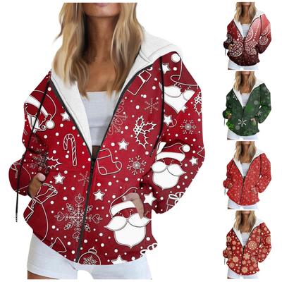 Women's Zip Up Hoodies Teen Girls Christmas Printed Sweatshirt Clothing Casual Drawstring Jacket With Pockets