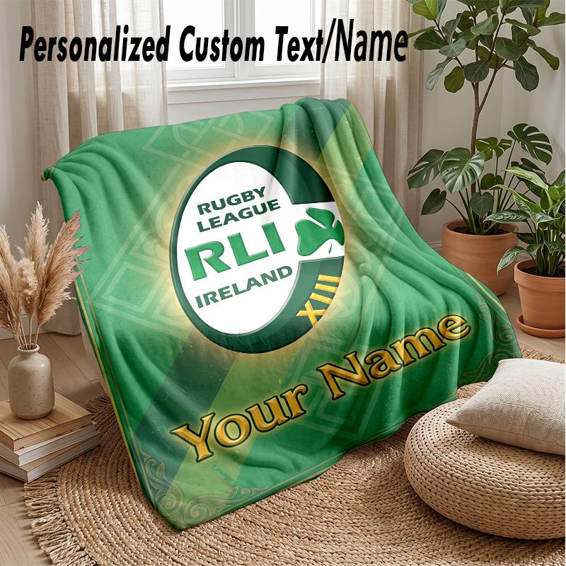 Ireland Rugby Custom Flannel Throw Blanket Print Your Name Text Soft Warm Blanket Holiday Present