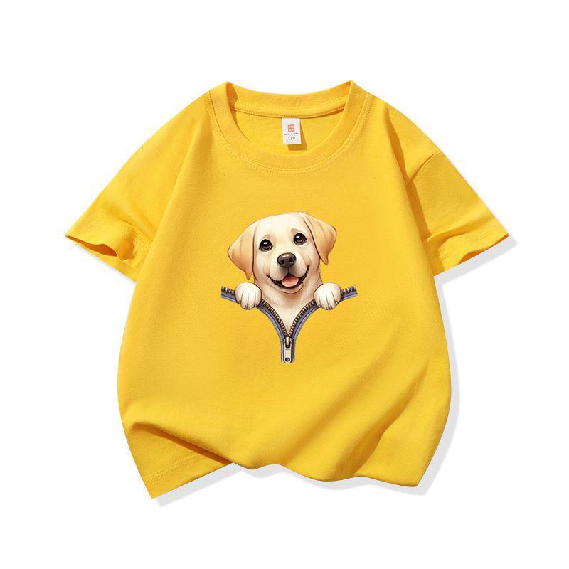 Kids Cotton T Shirt Cute Labrador Retriever Dog Zipper Print Crew Neck Short Sleeve Tee Casual Boys Girls Summer Tops