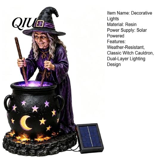 Dark Atmosphere Night Light Solar Witch Statue with Glowing Cauldron, Outdoor Halloween Garden Light, Party Decorations Resin Decorative Figurine for