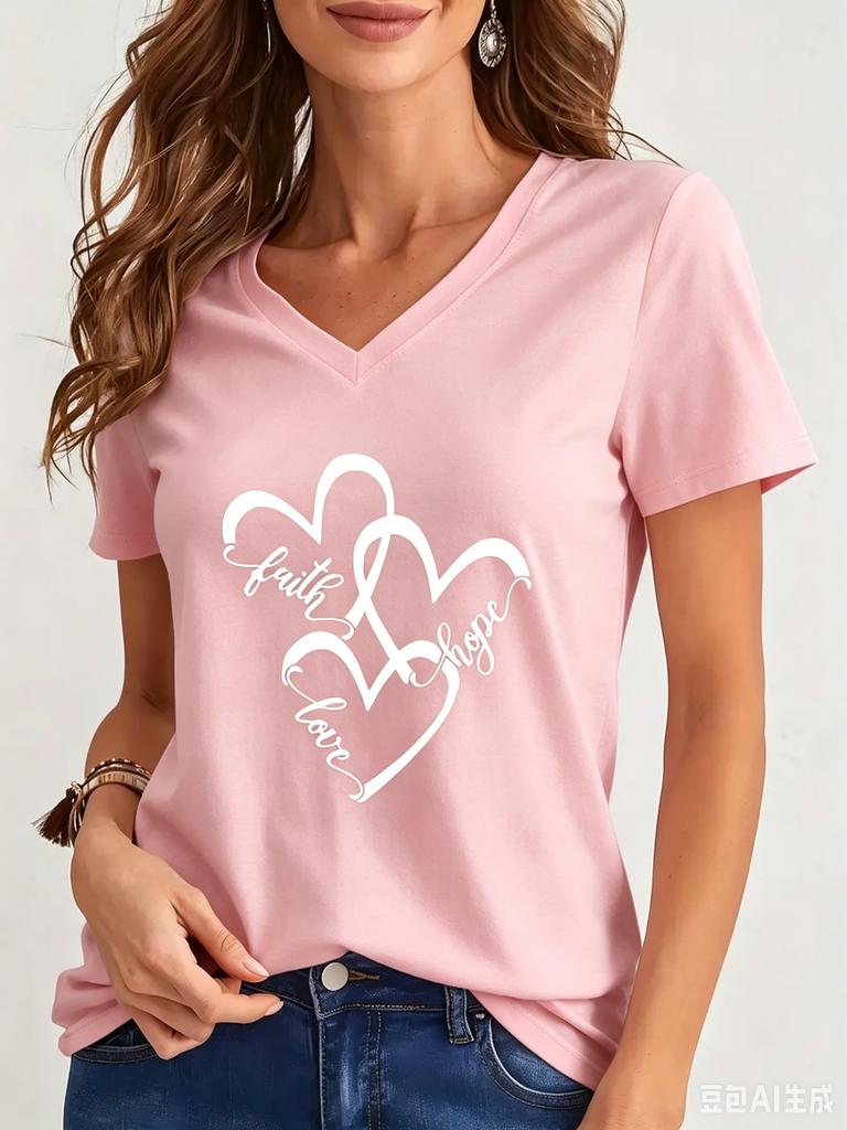 Funny Love 3D Print Women's T-Shirts Fashion V-neck Short Sleeve Tops Daily Casual Girl T shirt Summer Loose Tee Ladies Clothing