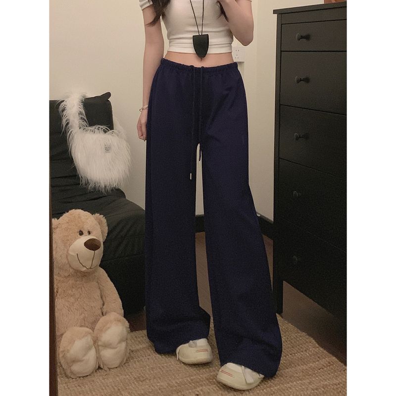

Kumikumi Idle Style Drawstring Casual Pants Straight-Leg Pants Women s Autumn Simplicity Loose White Wide Leg Pants Mop Pants Tibetan Blue XL