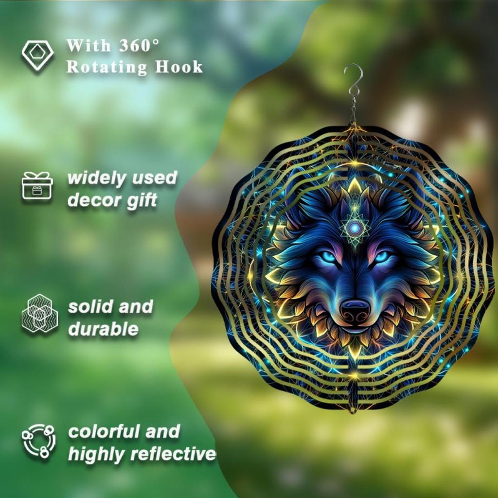 Wolf Windspiel Außendekor Boho Stil Metall Tierkunst 360 Drehbarer Haken Dynamische Drehung Geschenk für Balkon Garten Zuhause