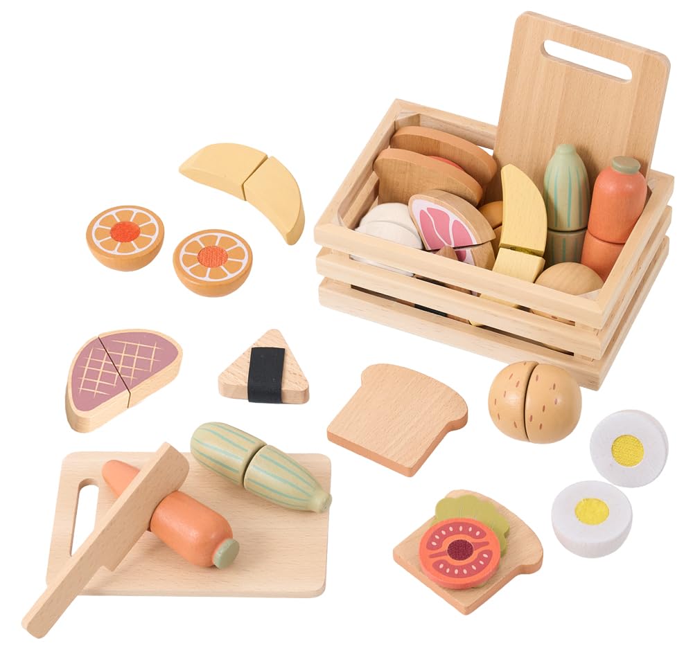 

(Keratta) Mokuwa Wooden Pretend Play Set, 15-Piece Set with Vegetables, Fruits, and Sandwiches, Velcro Closure, Natural Wood Storage Box, Knife, and C
