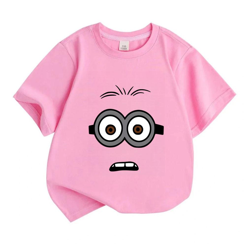 Kids Boys Girls 100% Cotton Crew Neck Short Sleeve T-Shirt Cute Surprised Cartoon Minion Face Print Casual Comfortable Lightweight Tee for Daily Wear