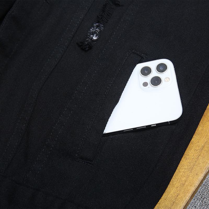 Men's Trendy Black Denim Jacket: Casual, Versatile, Ripped Style for Autumn and Winter