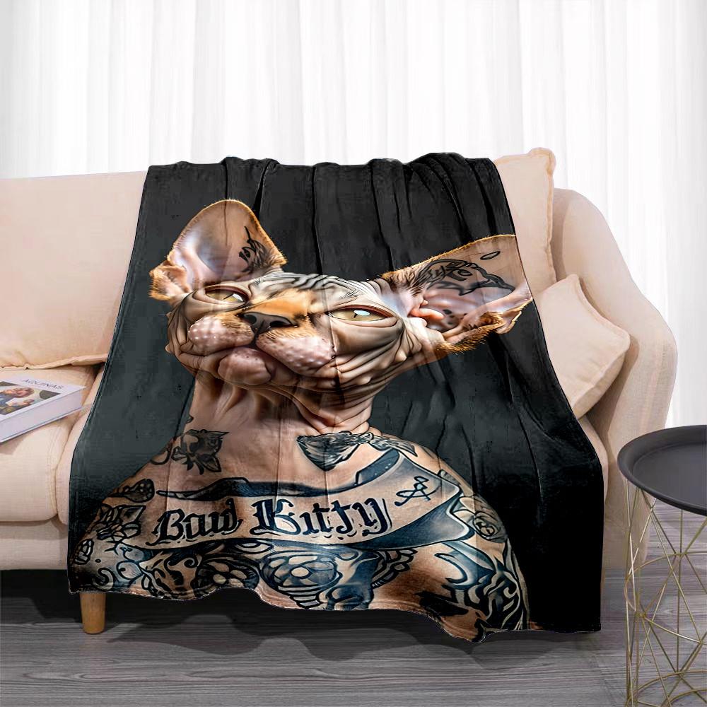 Hairless Cat Sphinx Animal Pattern Print Art Blanket - Soft All-Season Multi-Purpose Throw for Sofa, Bed, Travel & Gift