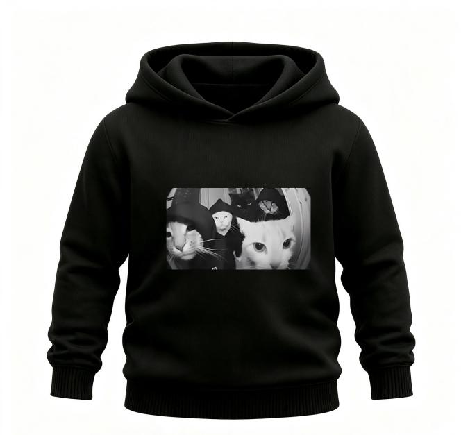 Funny Aesthetic Black‑and‑White Gang Cat Photo Graphic Kids Hoodie Loose Oversized Pullover Boys Girls Casual White Sweatshirt