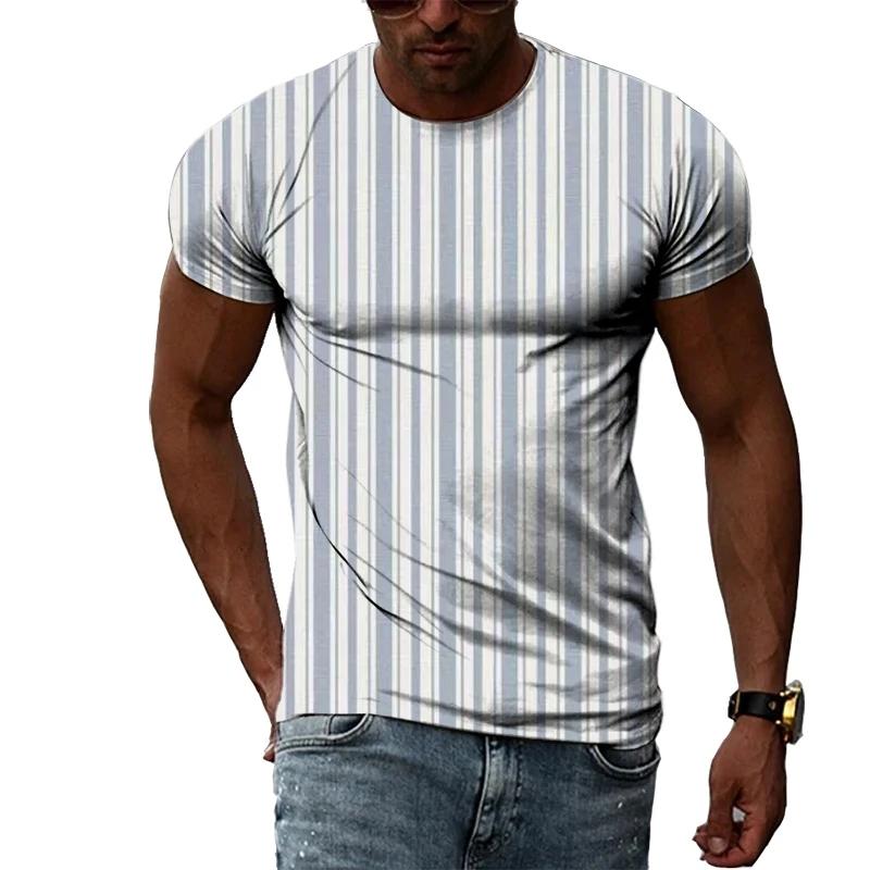 Fashionable New Vertical Stripe Pattern Men's T-shirt Casual Personality Cool Printed Short Sleeved Minimalist O-neck Top