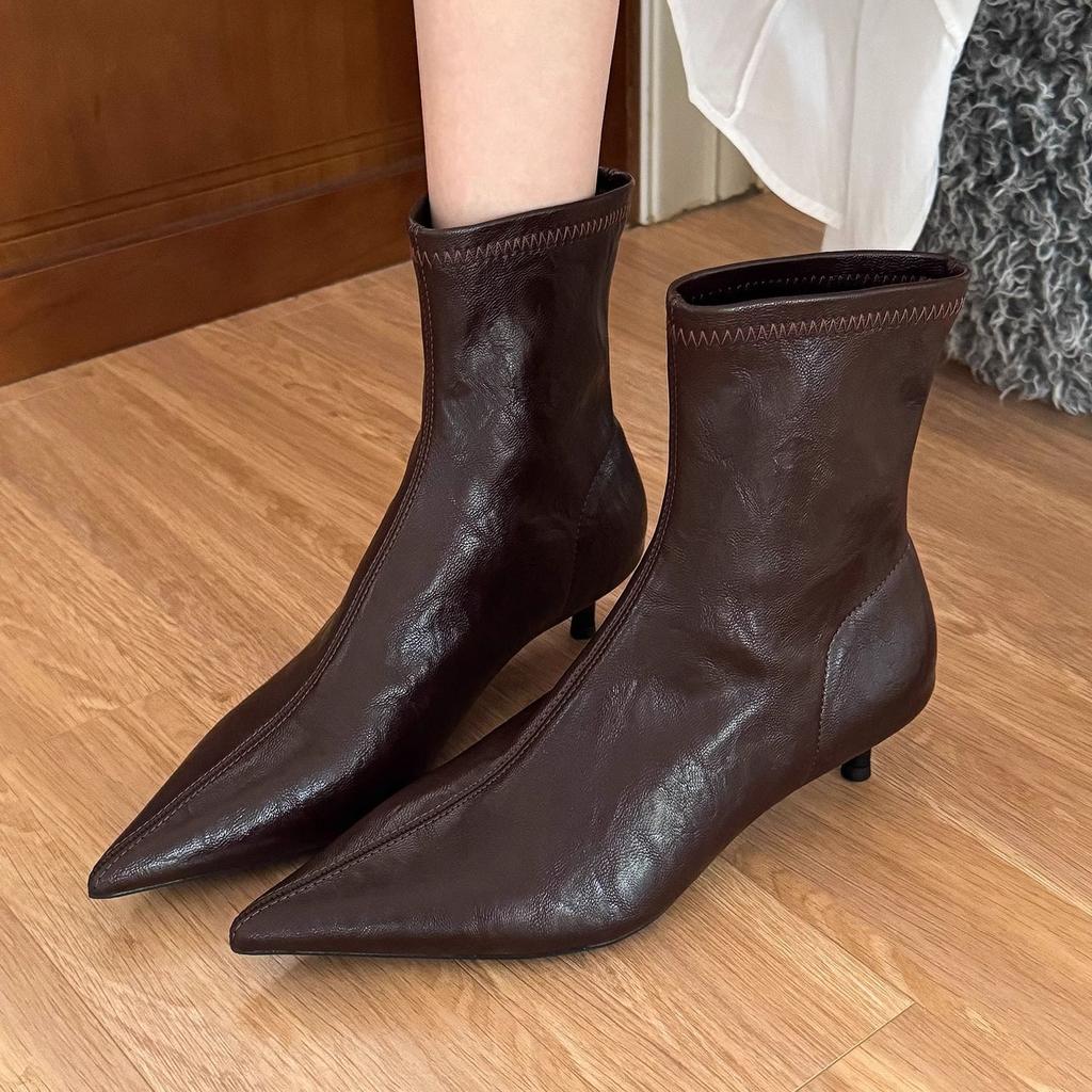 Vintage Brown Soft Leather Cat Heel Boots Women's 2025 Autumn New Fashion and Versatile Small Heel Leather Boots Women's Fashion Boots