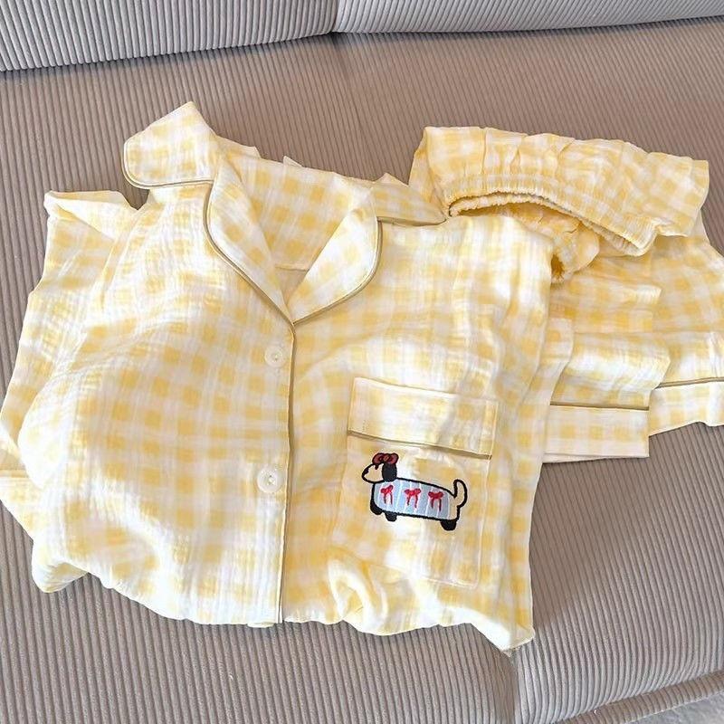 

New yellow plaid sausage puppy pajamas women s summer short-sleeved shorts cardigan two-piece loungewear XXL