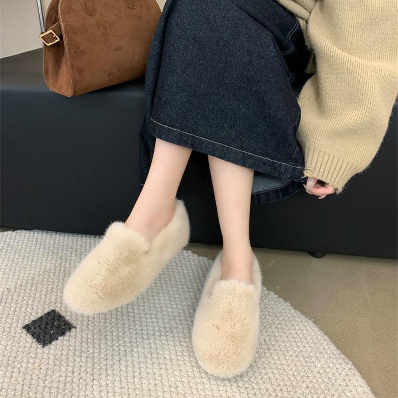 The Evening Wind Is Gentle, Women Wear White Fluffy Shoes In Summer, Women's Flat-bottomed Velvet Beanie Shoes, French Shoes, New Cotton Shoes In Autu